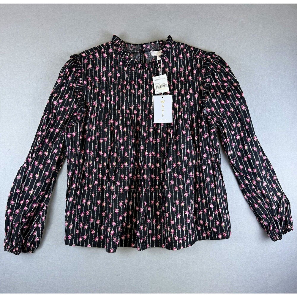 WAYF Blouse Womens 1X Black Pink Floral Ruffle Neck Long Sleeve Top NWT